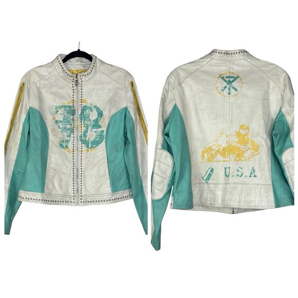 Vintage Wilson's Women’s Leather Jacket Cafe Distressed Aqua Blue USA Sz XL Rare - Picture 1 of 10